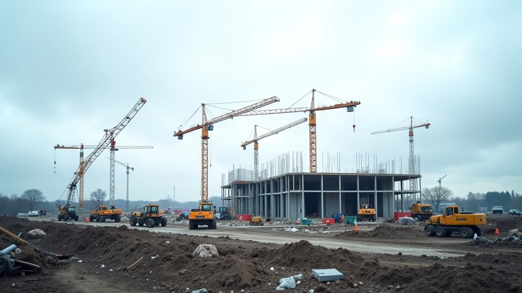 Aktive Baustelle mit Kränen, Arbeitern und laufenden Bauprojekten