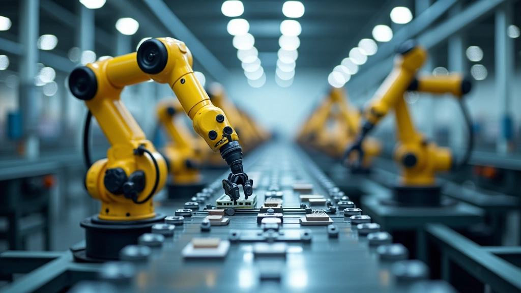 Industrielle Produktion mit modernen Robotermaschinen und Fließband in einer Fabrik