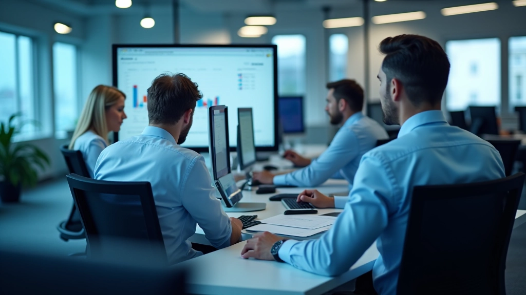 Destatis-Büro mit Datenanalytikern, die an großen Bildschirmen arbeiten