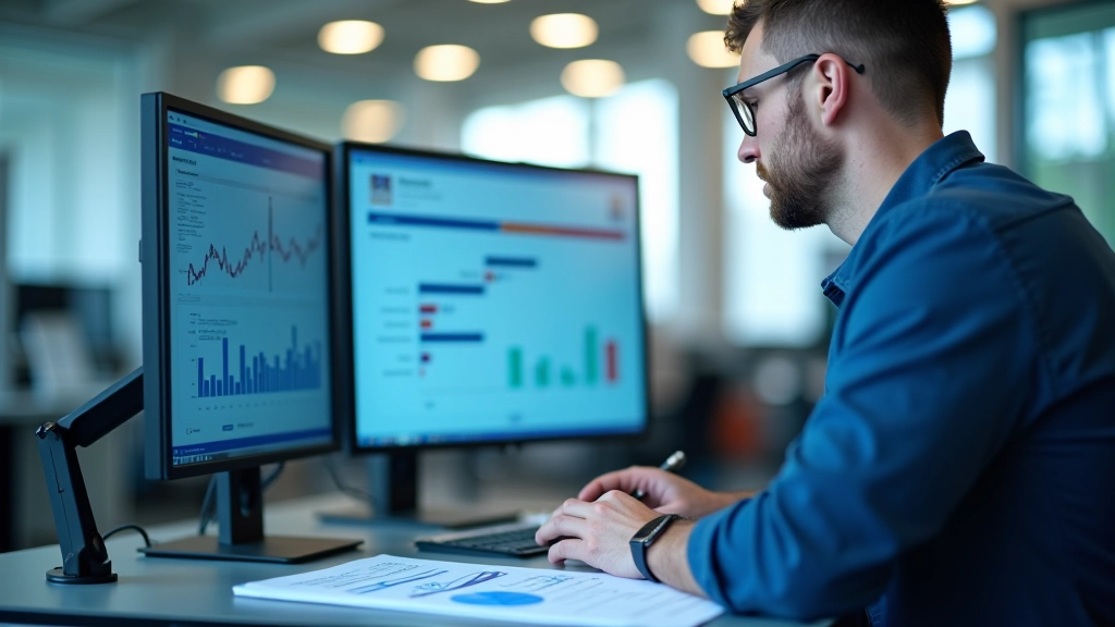 Statistiker arbeitet an Daten und Tabellen auf großem Schreibtisch mit mehreren Monitoren